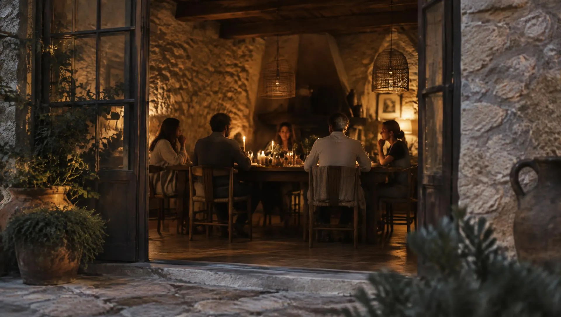 A small candlelit gathering around a wooden table in a stone farmhouse