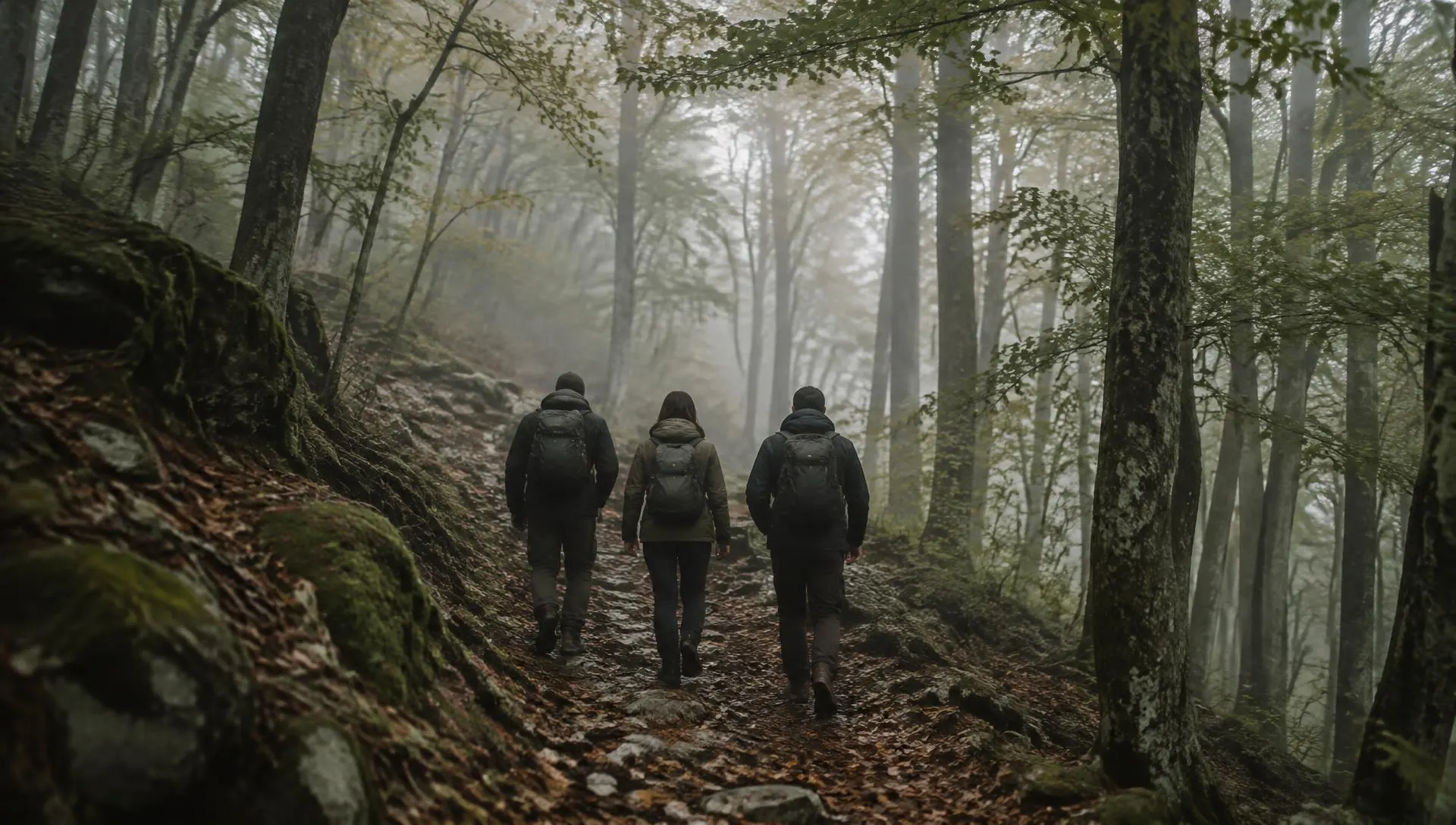 Three people walking a misty beech forest trail in the Montseny